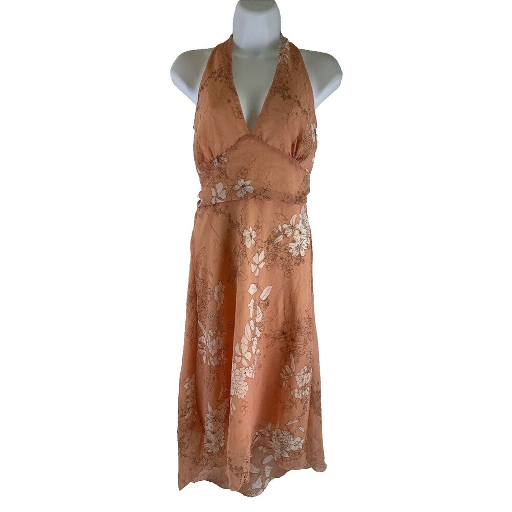 Jump Vintage Halter Midi Dress Peach Floral Chiffon Y2K Textured Juniors Medium